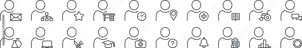 Poster pack of line icons of unrecognizable user. editable stroke. simple outline sign for web sites, newsp