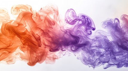 Dynamic interaction of orange and purple smoke, billowing clouds originating from a single source, orange smoke on the left, purple smoke on the right, blending in the middle, dense silky texture