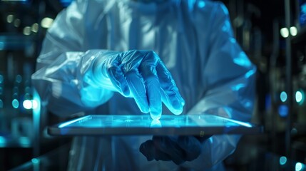 Scientist Hands with Digital Tablet Blue Background