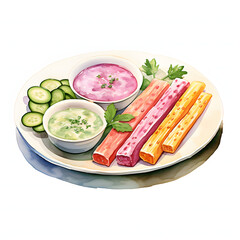 Vegetable sticks with dip, sweet dessert in cafe, decorate for valentine season with pink and pastel blue color, valentine watercolors, watercolor illustration.