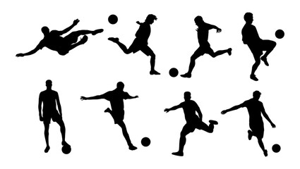 Fototapeta na wymiar Set of Soccer players, group of football players silhouettes with ball in action black vector illustration on transparent background. People playing sport game icons. Professional sportsmen.