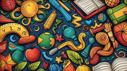 Creative illustration of a school theme with school supplies and empty space in the middle. Concept of back to school, learning, school times