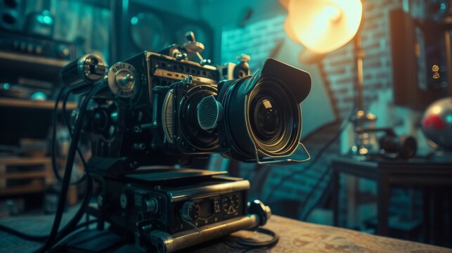 Film making gear, desktop backgrounds. Retro style, poster look. Cinematic photography. Cinematic dramatic lighting.