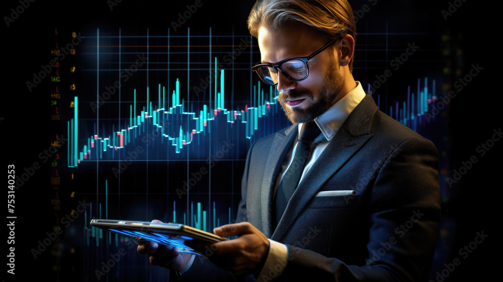 Poster businessman or trader holding tablet with graphs and charts against black background