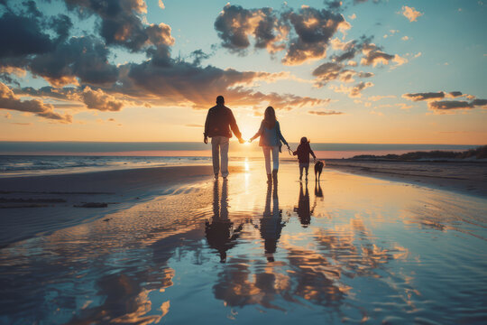 Silhouette of a family with two children and a dog enjoying a peaceful walk along the beach during a beautiful sunset..