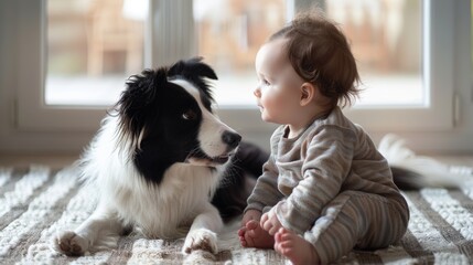 Sitting one year old baby caresses border collie back on living room carpet, white room furnished elegant striped coloured cotton carpet, near large window
