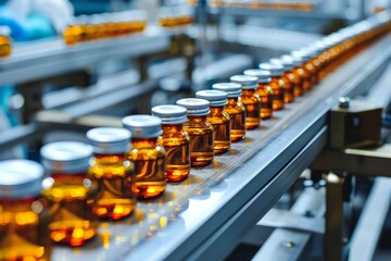 Conveyor belt in pharmaceutical factory filled with glass bottles for production line.
