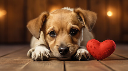 Adorable puppy lying down on a wooden floor with a plush red heart toy