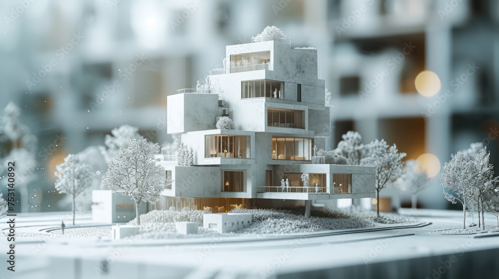 Poster Precision-crafted architectural model presents a visionary urban development, highlighted by intricate buildings and delicate trees in monochromatic tones