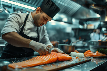 Focused chef meticulously seasoning fresh salmon fillets in a bustling professional kitchen, highlighting culinary expertise..