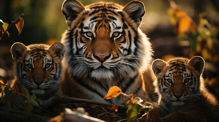 an adult tigress surrounded by two tiger cubs. - obrazy, fototapety, plakaty
