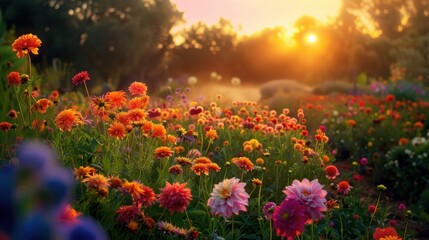 Fototapeta na wymiar Panoramic view of a vibrant flower garden variety of species and colors magical golden hour lighting