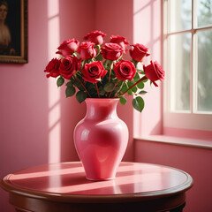 PInk vase filled with red roses on table next to window.