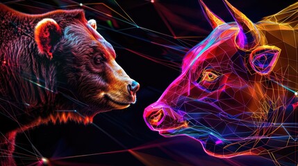 A vibrant digital art piece featuring a bear and a bull facing each other - obrazy, fototapety, plakaty