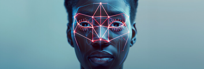 portrait of a person with a digital holographic facial recognition mask, over a light background, with copy space - obrazy, fototapety, plakaty