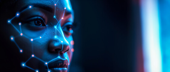 close up of a woman's face being scanned by advanced futuristic facial recognition software, with copy space - obrazy, fototapety, plakaty