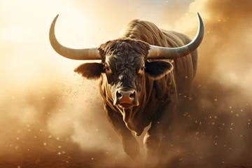 Poster A large bull raises dust with its furious running against the backdrop of sunset rays, a symbol of the state of Texas, bullfighting © Sunny