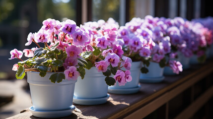 Obraz na płótnie Canvas Pink violets in white flower pots on the windowsill