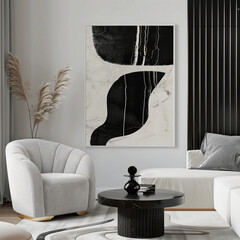 Vertical Frame Mockup for Wall Art in Modern Classic Living Room Interior. Canvas Poster Mockup on Molding Wall in Modern Luxury Black and White Design, Sofa Furnitures
