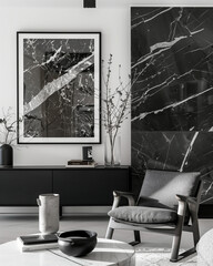 Vertical Frame Mockup for Wall Art in Modern Classic Living Room Interior. Canvas Poster Mockup on Molding Wall in Modern Luxury Black and White Design, Sofa Furnitures