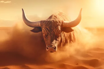 Fotobehang A large bull raises dust with its furious running against the backdrop of sunset rays, a symbol of the state of Texas, bullfighting © Sunny