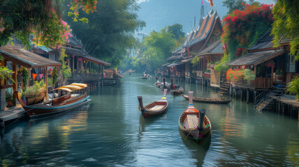 Obraz premium Traditional wooden boats floating by stilt houses in a peaceful waterfront village against a backdrop of lush mountains..