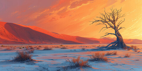Stunning sunset skies over a vast desert landscape with the silhouette of an ancient, dead tree in the foreground..