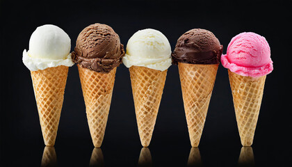 Ice-cream cones of different flavors. Tasty summer dessert.