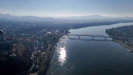 Aerial photos of the Basilica of Esztergom in Hungary on a sunny winter day.
Esztegomi Bazilika, Duna, Danube, Bridge, Hungary.