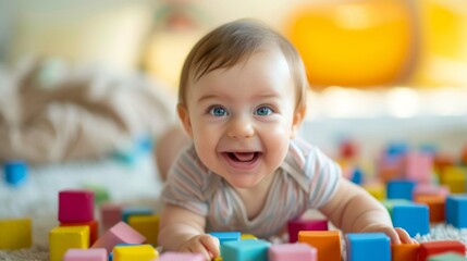 Fototapeta premium Portrait of a happy baby child among colorful cubes on a bright background
