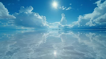 Fotobehang The Uyuni Salt Flats in Bolivia create a perfect mirror reflection of the sky and clouds on the ground, under the bright sun.. © bajita111122