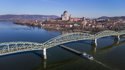 Aerial photos of the Basilica of Esztergom in Hungary on a sunny winter day.
Esztegomi Bazilika, Duna, Danube, Bridge, Hungary.