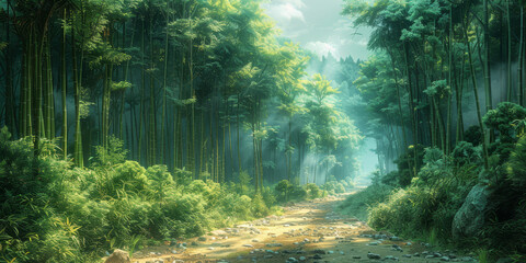 Sunlight filters through a dense bamboo forest, casting a mystical glow on the serene path winding...