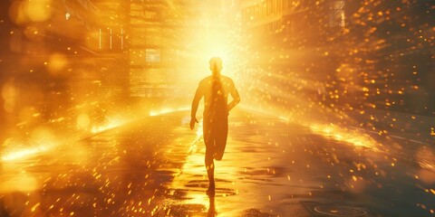 A determined man races towards success as golden evening rays illuminate him. Concept Success, Determination, Achievement, Golden Hour, Running