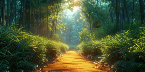 Sunlight filters through a dense bamboo forest, casting a mystical glow on the serene path winding through it..