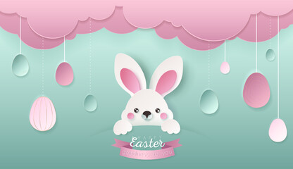 Happy Easter day wallpaper or banner with papercut bunny.