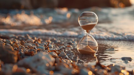 Hourglass in the dawn time. Sand passing through the glass bulbs of an hourglass measuring the passing time as it counts down to a deadline or closure on a sunset. AI generated illustration