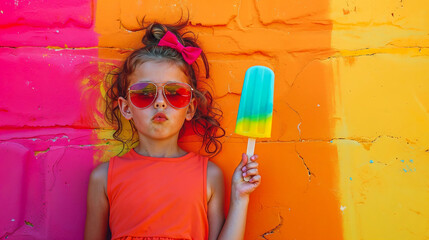 une petite fille avec des lunettes de soleil tient une grosse glace à l'eau dans sa main