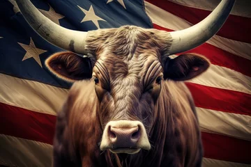 Deurstickers A large bull against the background of the American flag as a symbol of the state of Texas. Revolution or bullfight concept © Sunny