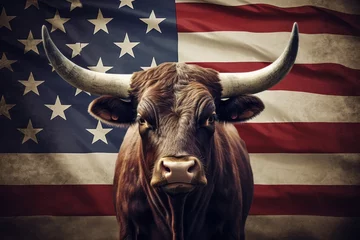 Tuinposter A large bull against the background of the American flag as a symbol of the state of Texas. Revolution or bullfight concept © Sunny