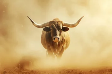 Keuken spatwand met foto A large bull raises dust with its furious running against the backdrop of sunset rays, a symbol of the state of Texas, bullfighting © Sunny