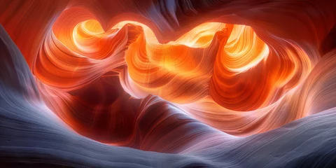 Foto auf Glas Sunlight filters through the smooth, wave-like sandstone walls of Antelope Canyon, creating a warm, glowing effect.. © bajita111122