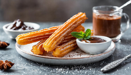 Tasty churros with chocolate in plate on cafe table. Spanish sweet pastry.