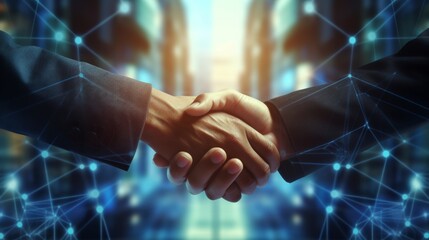 Close up of business people shaking hands against technology background, leader, teamwork, target, Aim, confident, achievement, goal, on plan, finish, generate by AI