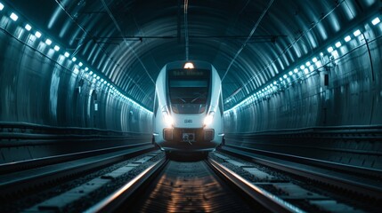 High speed train running inside a dark tunnel, headlights on, cables on top of the train, two parallel railway tracks of equal size, high quality photograph taken with medium format camera.