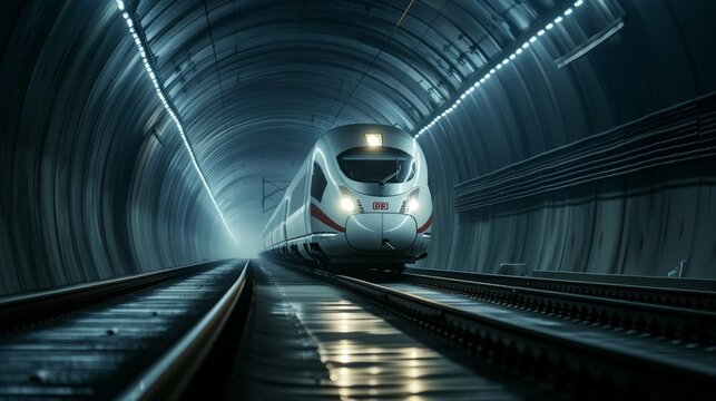 High speed train running inside a dark tunnel, headlights on, cables on top of the train, two parallel railway tracks of equal size, high quality photograph taken with medium format camera.