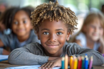 Cheerful boy with curly hair resting chin on hands with pencils nearby