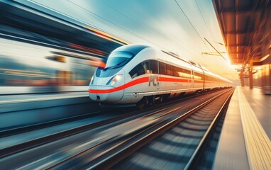 Fototapeta premium High speed train in motion on the railway station at sunset. Fast moving modern passenger train on railway platform. Railroad with motion blur effect.
