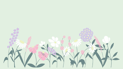 Multicolored pastel botanic pattern of flowers, plants in flat style. Elegant, aesthetic, stylish hand drawing doodles of vector vintage botanical elements.  