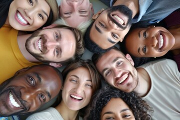 A multicultural group of individuals of different ages standing in a circle, smiling at the camera.